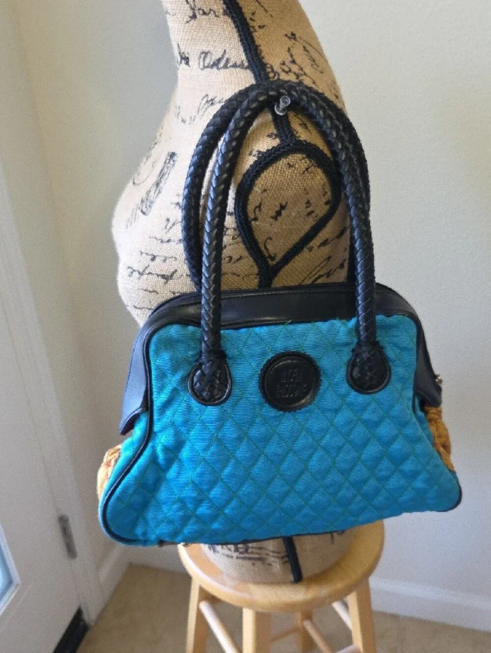 ANGELA FRASCONE Quilted Blue & Green Decorative Satchel Braided Black Handles